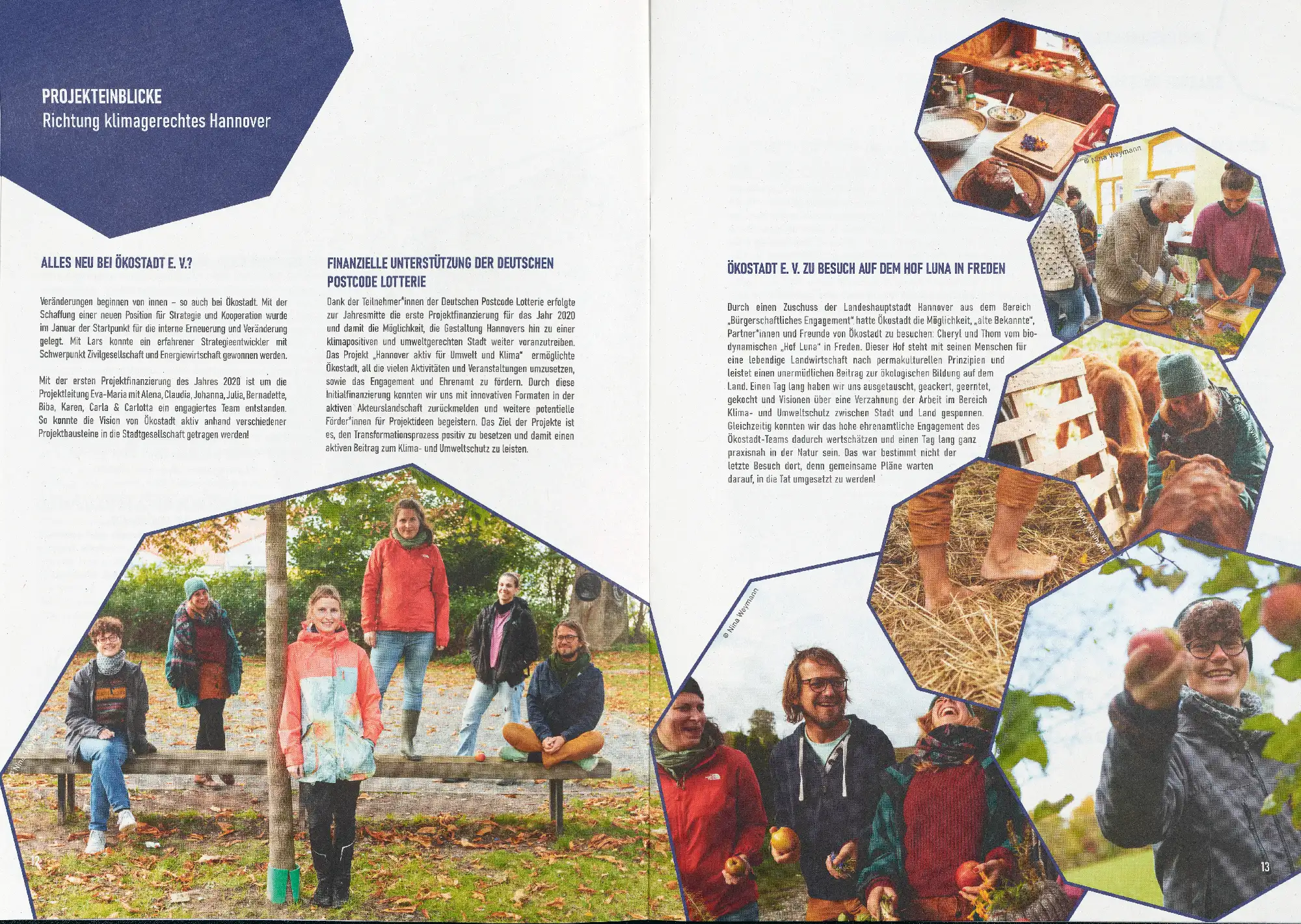 Doppelseite des Jahresberichtes „Hannover aktiv für Klima und Umwelt“ mit Projektberichten zu Ökostadt e. V. und dem Besuch auf dem Hof Luna in Freden sowie Fotografien von engagierten Menschen und gemeinschaftlichen Aktivitäten.