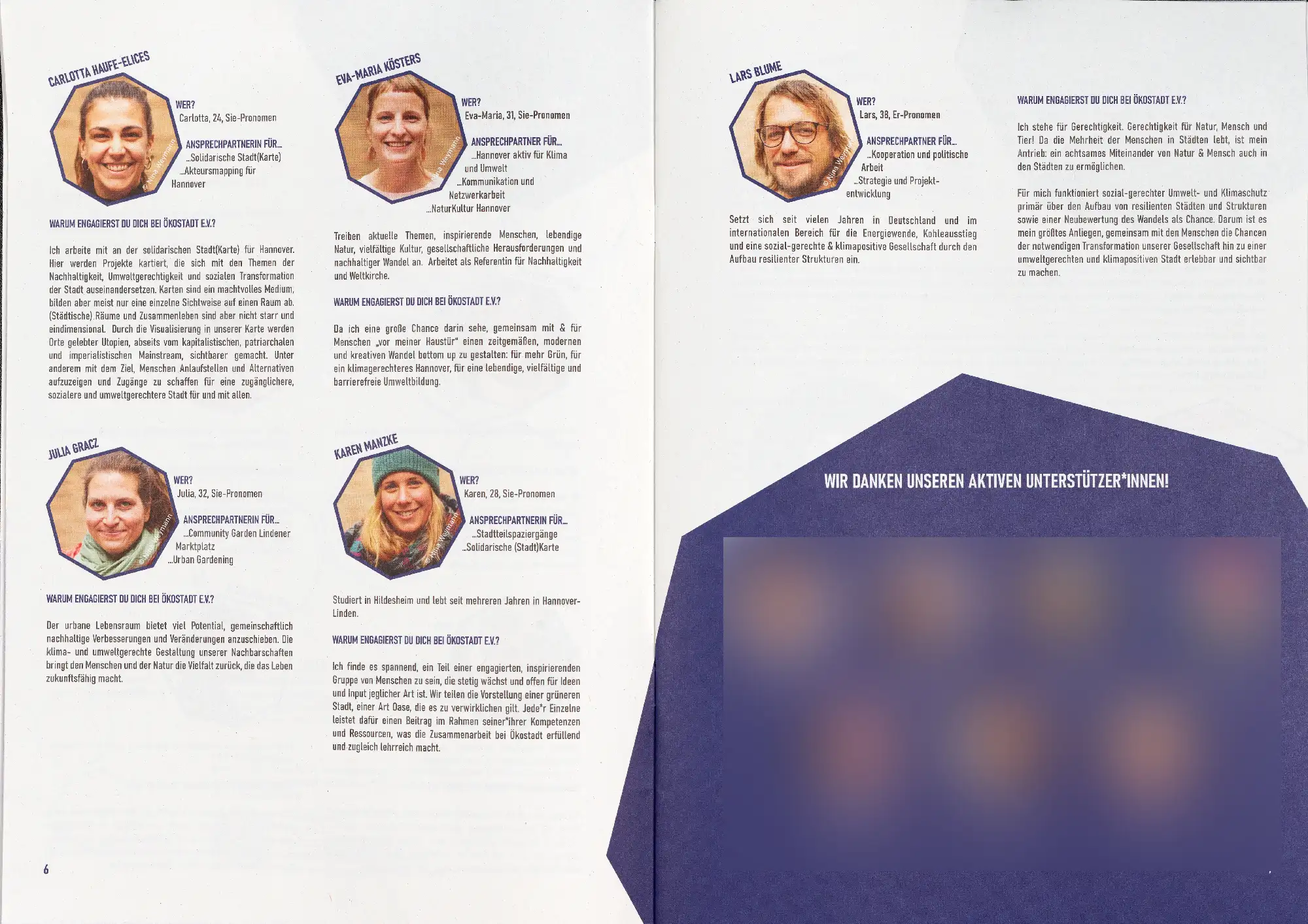 Doppelseite der Broschüre mit Porträts und persönlichen Statements von Engagierten des Vereins Ökostadt e. V. zu ihren Beweggründen und ihrer Arbeit für Klima- und Umweltschutz.